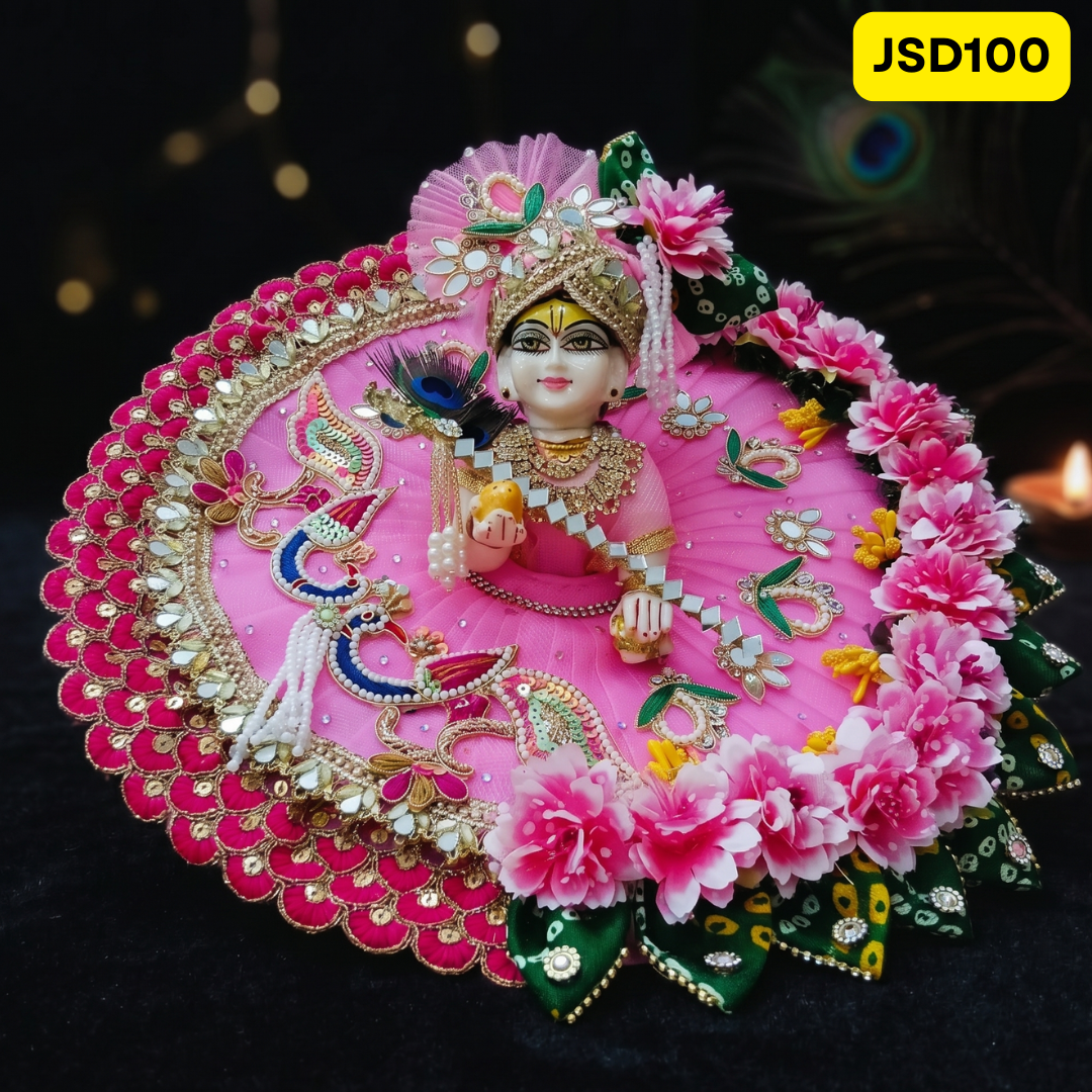 Pink Floral Peacock Laddu Gopal Ji Poshak with Matching Pagdi | JSD100
