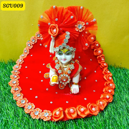 Orange velvet Laddu Gopal floral Outfit with pearl detailing and matching pagdi | SGV009