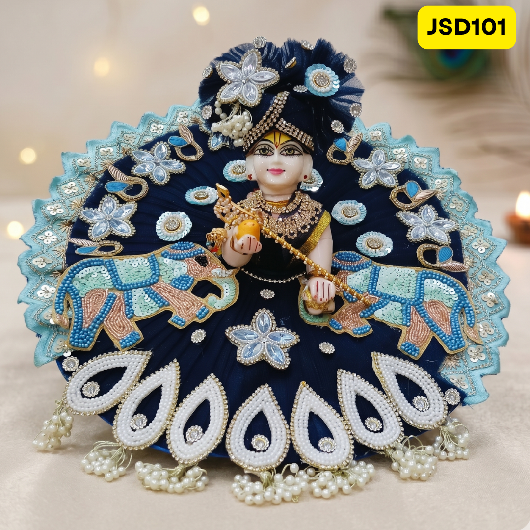 Navy Blue Elephant Motif Laddu Gopal Ji Poshak with Matching Pagdi | JSD101