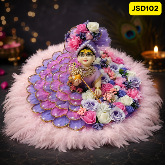 Lavender Floral Fur Border Laddu Gopal Ji Poshak with Matching Pagdi | JSD102