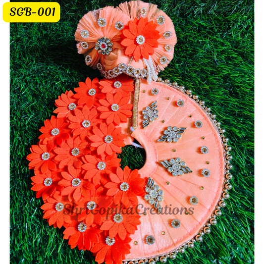 Peach and Orange Laddu Gopal Dress with Floral  and Matching Pagdi | SGB001