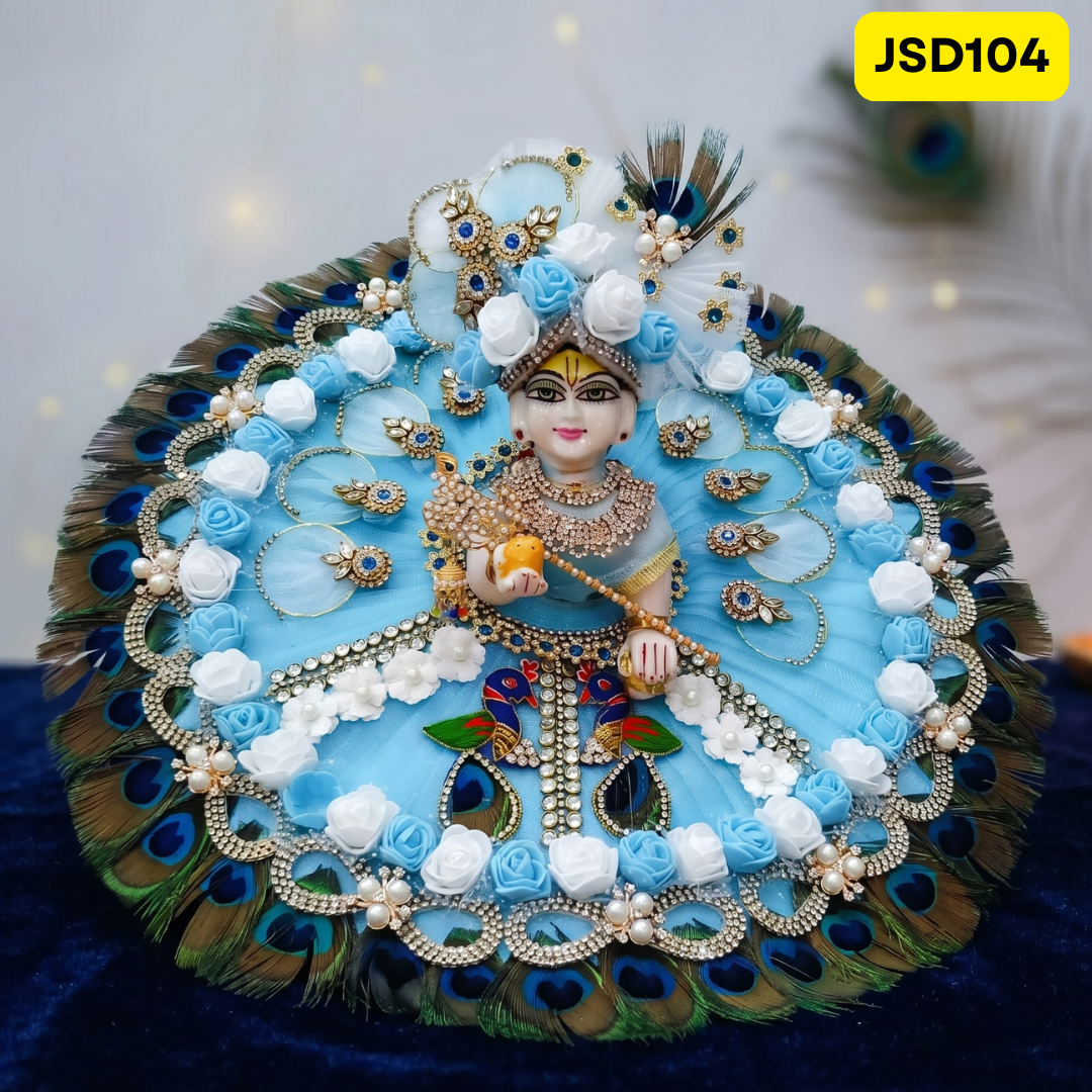 Sky Blue Peacock Feather Laddu Gopal Ji Poshak with Matching Pagdi | JSD104