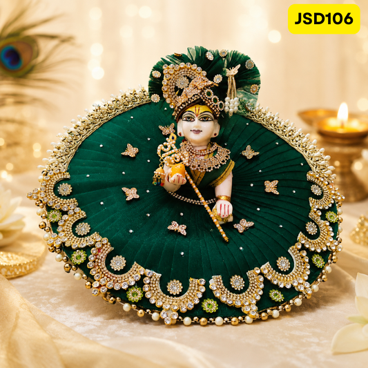 Dark Green Butterfly Work Laddu Gopal Ji Poshak with Matching Pagdi | JSD106