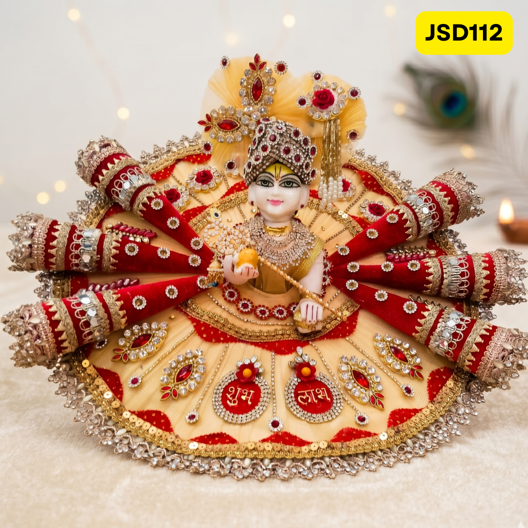 Cream Red Shubh Labh Laddu Gopal Ji Poshak with Matching Pagdi | JSD112