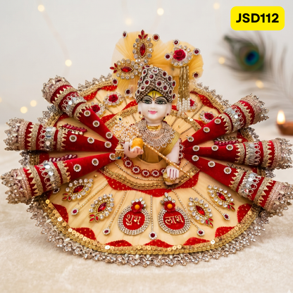Cream Red Shubh Labh Laddu Gopal Ji Poshak with Matching Pagdi | JSD112