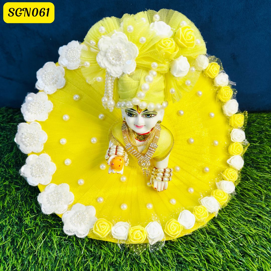 Bright Yellow Laddu Gopal Net Poshak with Pearl and Floral | SGN061