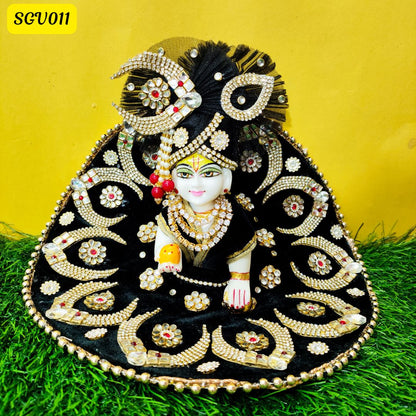 Elegant Black Velvet Laddu Gopal Dress with Golden Embroidery and Stonework – SGV011