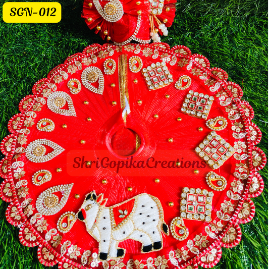 Red Laddu Gopal Dress with Cow Embroidery and Matching Pagdi | SGN012