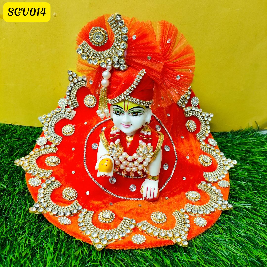 Vibrant orange velvet poshak with matching pagdi for Laddu Gopal | SGV014