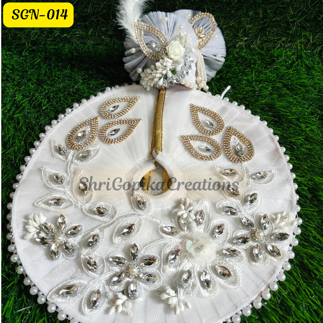 Premium White Designer Laddu Gopal Dress with Embellished Stones and Feathered Pagdi | SGN014