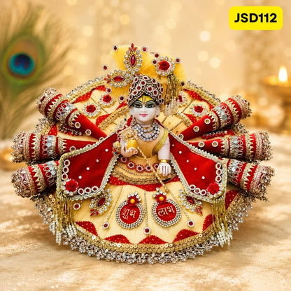 Cream Red Shubh Labh Laddu Gopal Ji Poshak with Matching Pagdi | JSD112