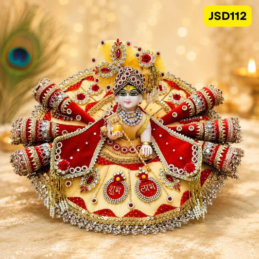 Cream Red Shubh Labh Laddu Gopal Ji Poshak with Matching Pagdi | JSD112