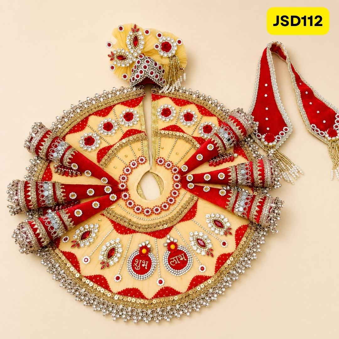 Cream Red Shubh Labh Laddu Gopal Ji Poshak with Matching Pagdi | JSD112