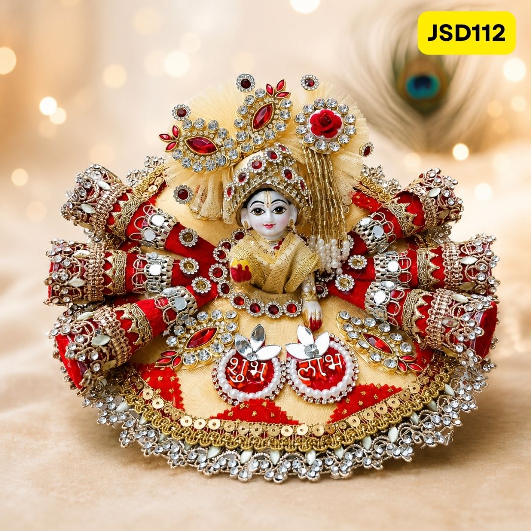 Cream Red Shubh Labh Laddu Gopal Ji Poshak with Matching Pagdi | JSD112