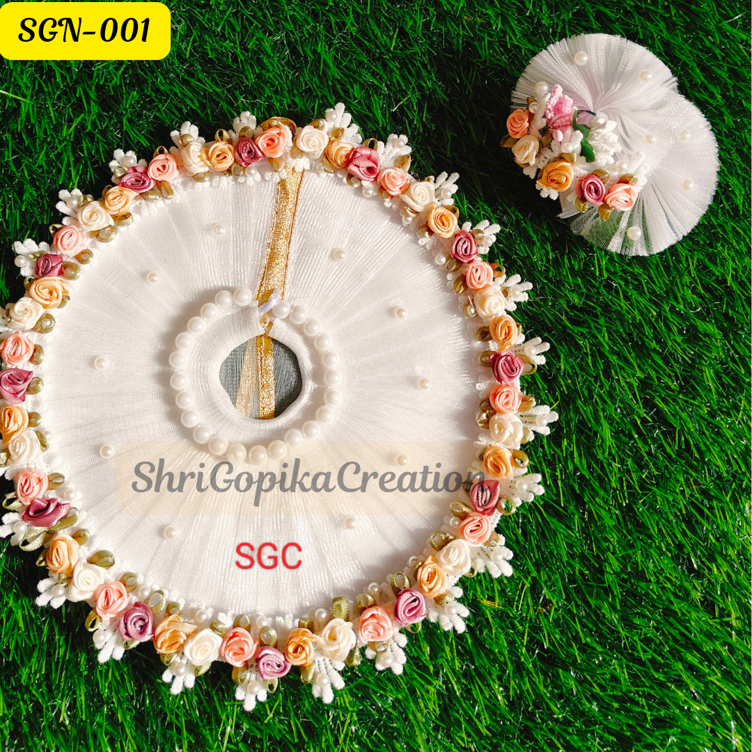 White Laddu Gopal Rose Border Dress with Matching Pagdi | SGN001