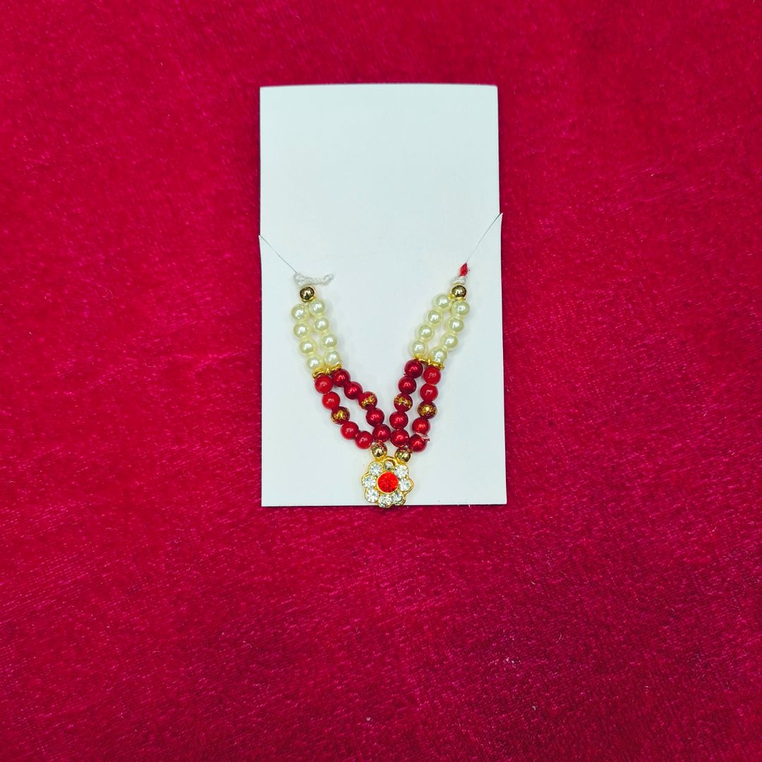 Red and White Beaded Laddu Gopal Haar with Sparkling Stone Pendant