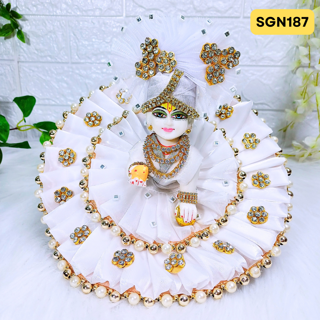 Elegant White Designer Laddu Gopal Poshak in Organza Fabric With Matching Pagdi | SGN187