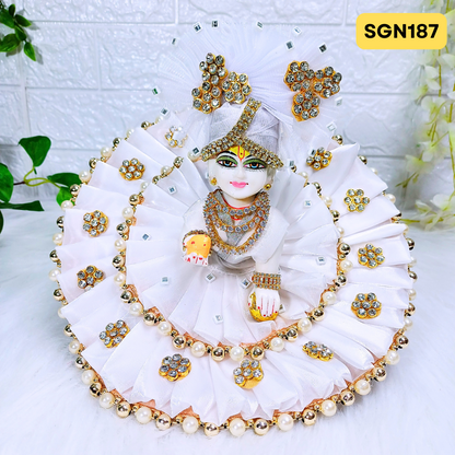 Elegant White Designer Laddu Gopal Poshak in Organza Fabric With Matching Pagdi | SGN187