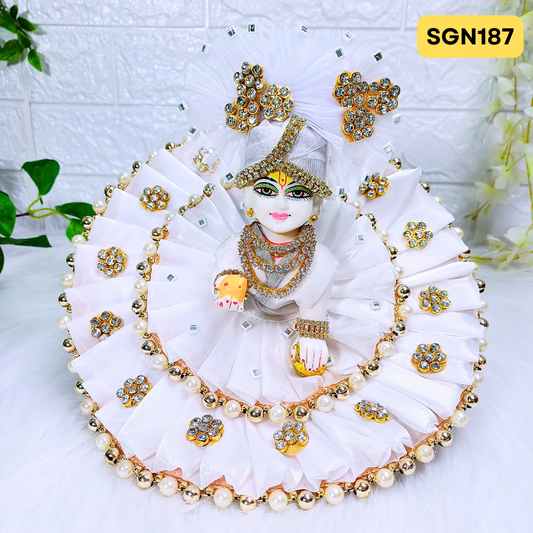 Elegant White Designer Laddu Gopal Poshak in Organza Fabric With Matching Pagdi | SGN187