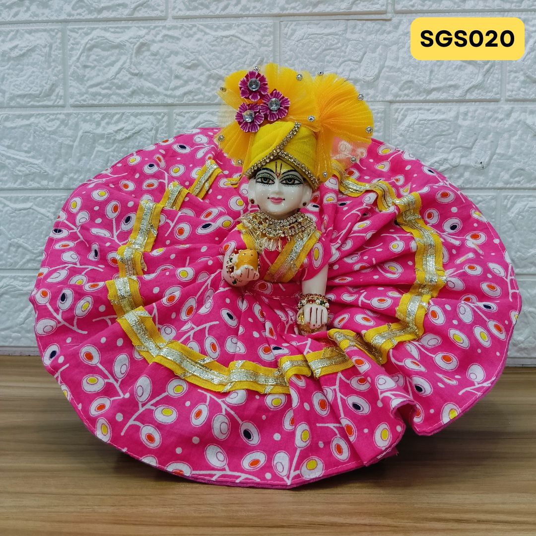 🌿 Vibrant Pink printed pure cotton Laddu Gopal Dress with matching Crown – SGS020🌿