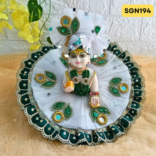 Bottle Green and White Designer Laddu Gopal Poshak With Matching Pagdi | SGN194