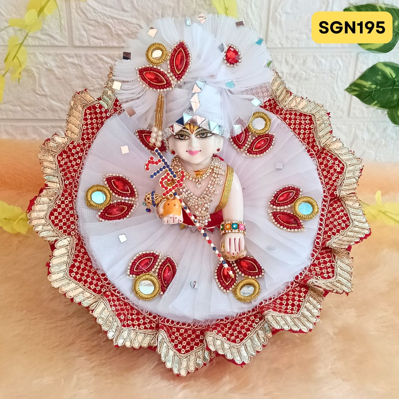Red and White Designer Laddu Gopal Poshak With Matching Pagdi | SGN195
