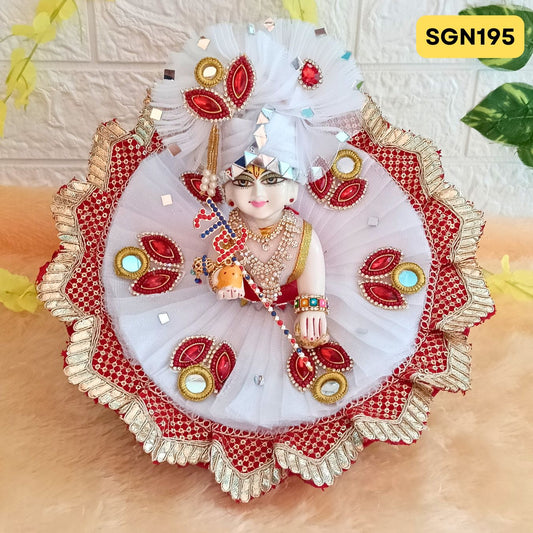 Red and White Designer Laddu Gopal Poshak With Matching Pagdi | SGN195