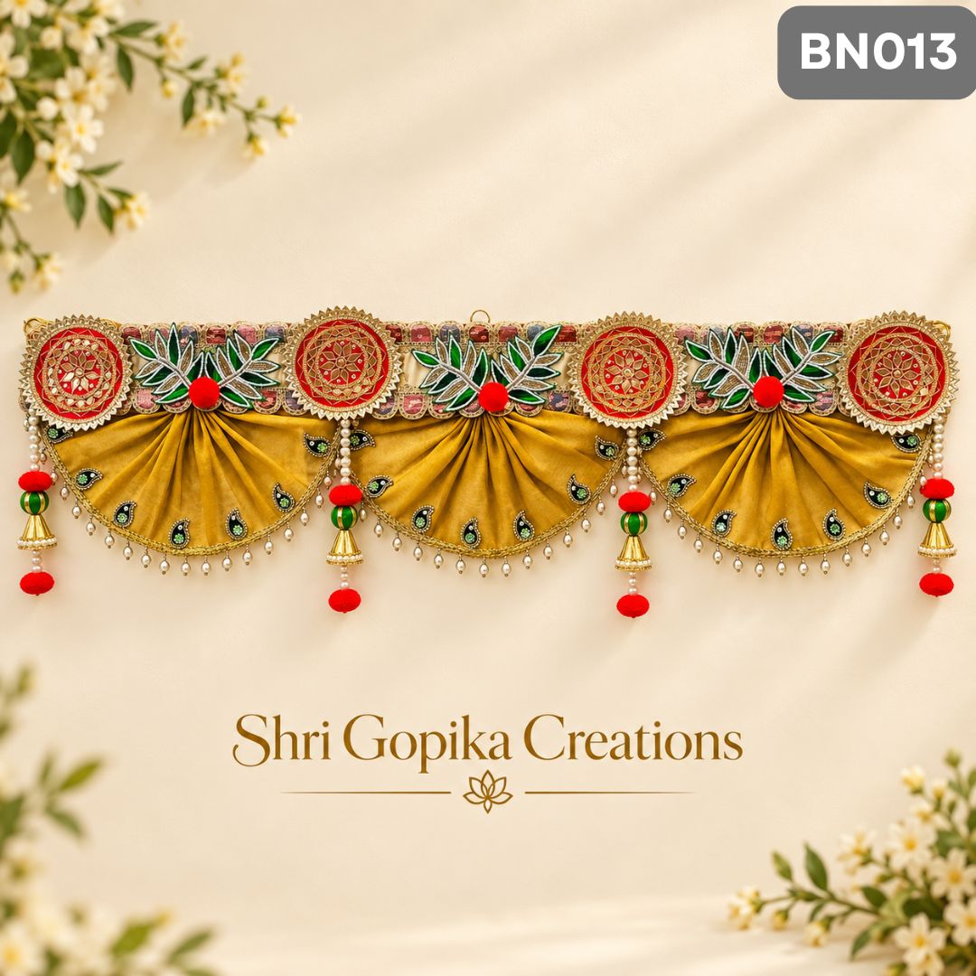 Mustard Yellow Designer Fabric Toran with Red & Green Motifs | BN013