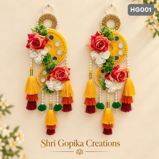 Yellow Floral Hanging Latkan with Pearl & Tassel Work | HG001