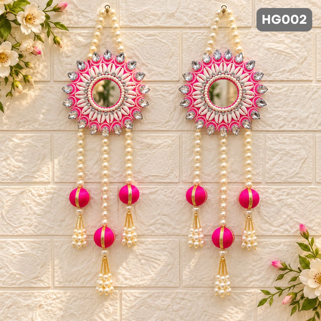 Pink Mirror Hanging Latkan with Pearl Beads & Tassels | HG002