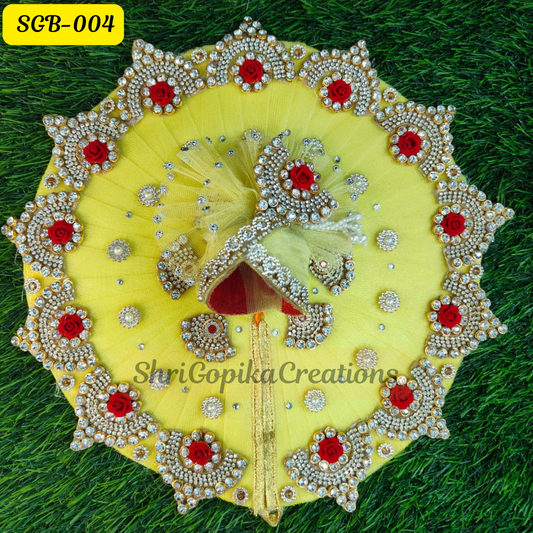 Lemon Yellow Laddu Gopal Dress and matching Pagdi with Red Rose and Stone Embellishments | SGB004