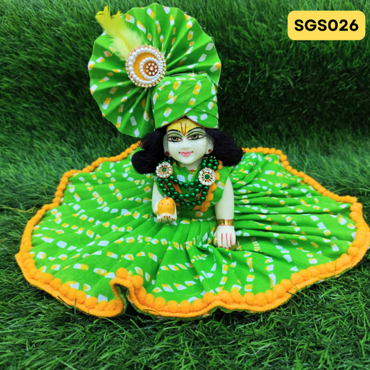 🌿 Vibrant green printed pure cotton Laddu Gopal Dress with matching Crown – SGS026🌿