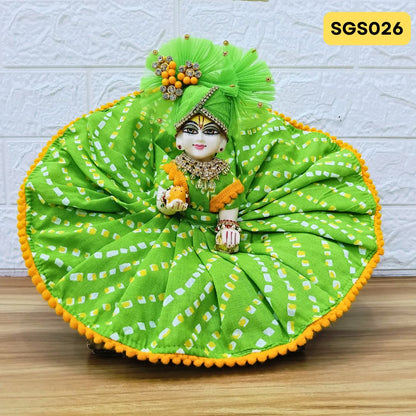 🌿 Vibrant green printed pure cotton Laddu Gopal Dress with matching Crown – SGS026🌿