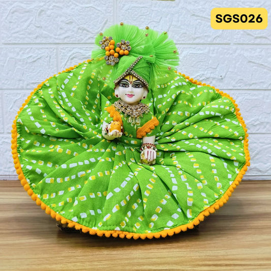 🌿 Vibrant green printed pure cotton Laddu Gopal Dress with matching Crown – SGS026🌿