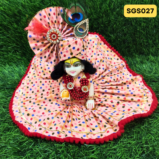 🌿 Polka dot peach coloured pure cotton Laddu Gopal Dress with matching Crown – SGS027🌿