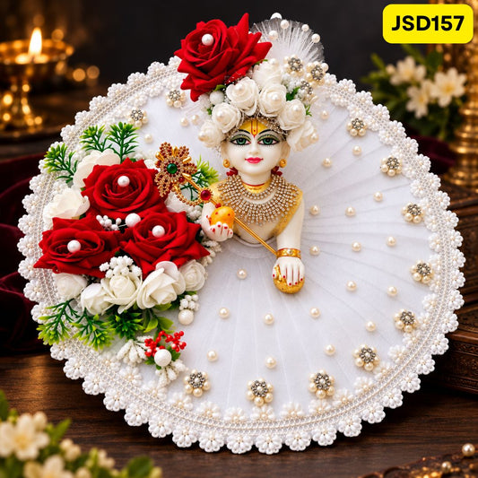 White Laddu Gopal Designer Poshak with Rose Work with matching Pagdi | JSD157