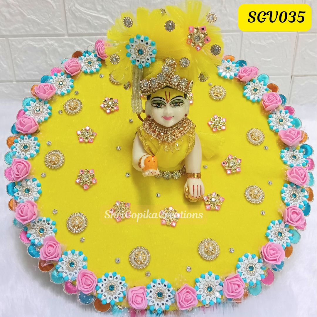 Laddu Yellow Velvet Laddu Gopal Outfit with stone detailing and matching pagdi | SGV035