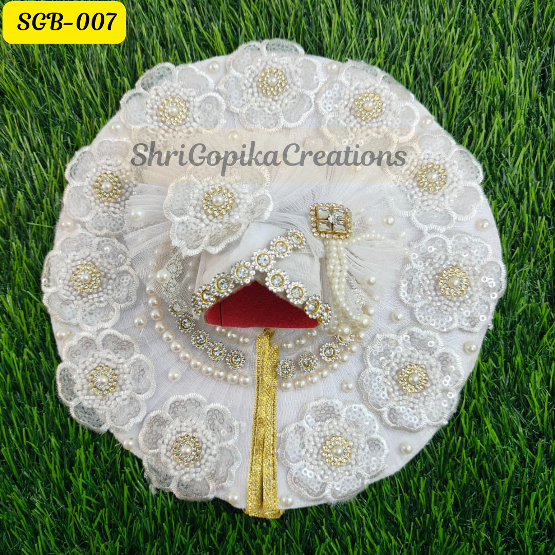 White Laddu Gopal Dress with Pearl and Floral Embellishments paired with Matching Pagdi | SGB007