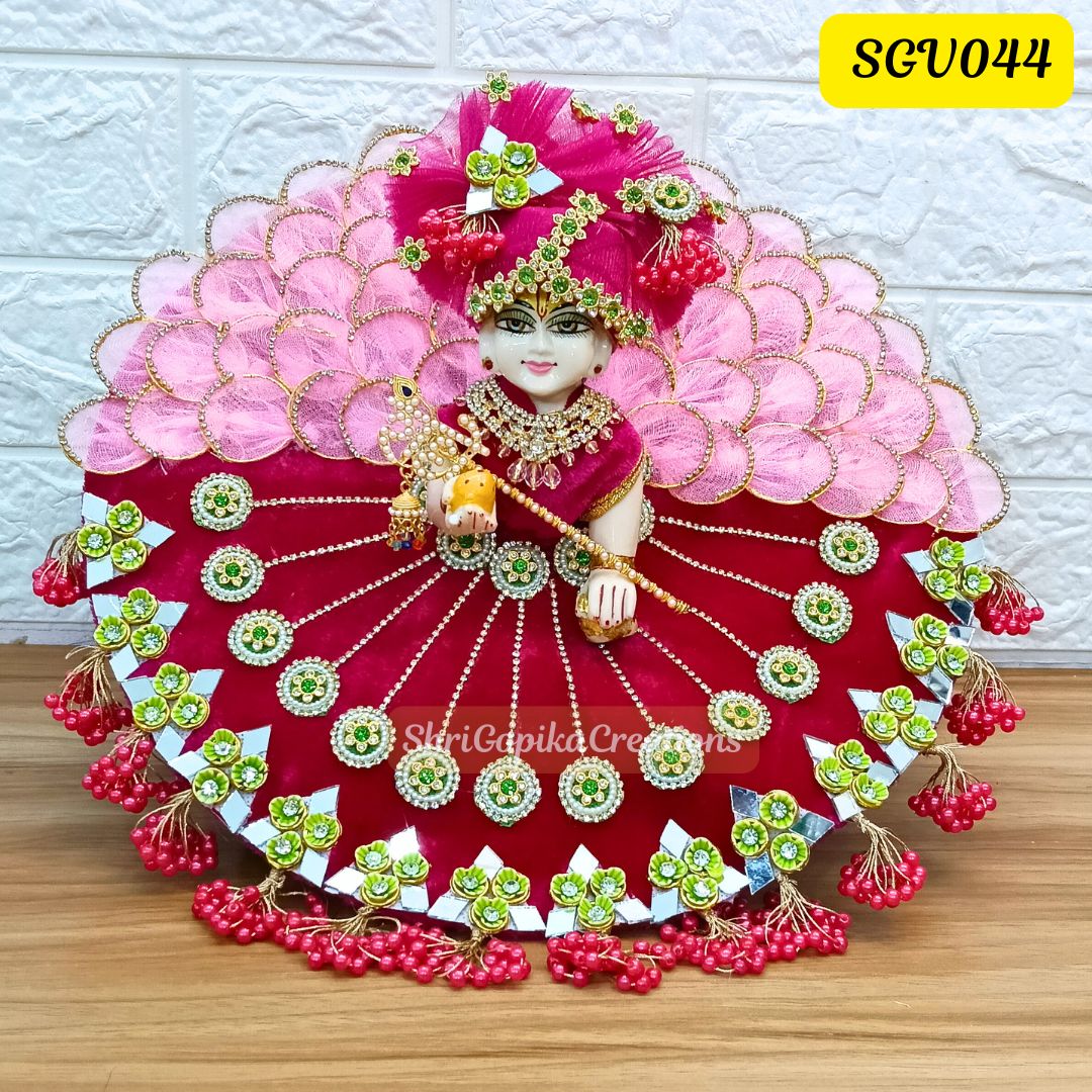 Hot Pink Velvet Laddu Gopal Leaf Dress with Matching Pagdi | SGV044
