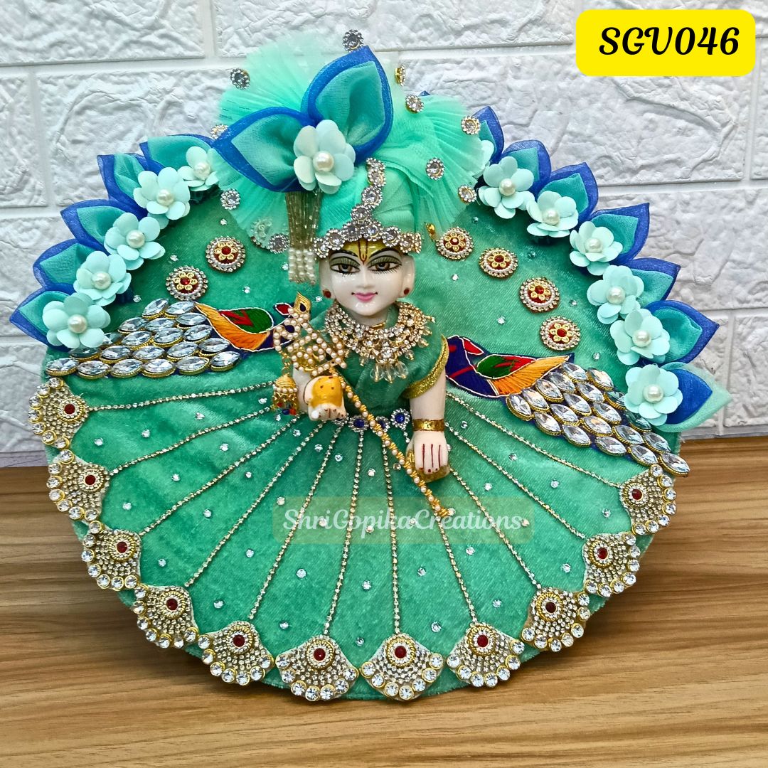 Sea Green Velvet Laddu Gopal Peacock Patch Dress with Matching Pagdi | SGV046