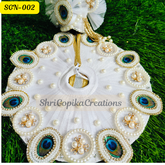 Beautiful White Laddu Gopal Dress with Peacock Feather Design complemented by Matching Pagdi | SGN002