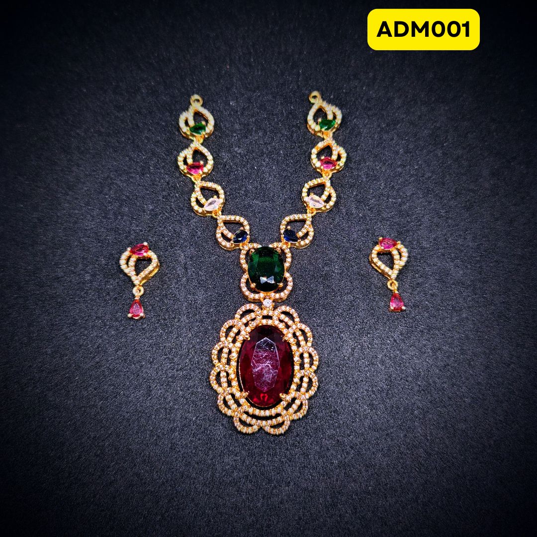 Big Stone Multi-coloured AD Mala with Matching Earrings | ADM001