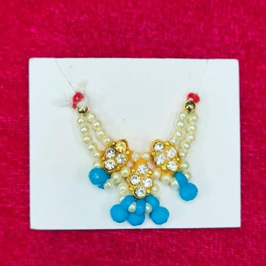 Blue and White Beaded Laddu Gopal Haar with Golden Floral Stones