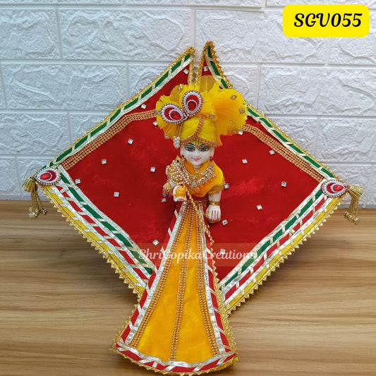Makar sankranti kite design Red and Yellow Velvet Laddu Gopal Outfit with matching cap and scarf | SGV055
