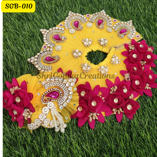 Yellow heavy Laddu Gopal Dress with red Floral and Stone Embellishments paired with Matching Pagdi | SGB010