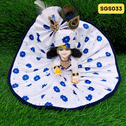 🌿 White and Blue Printed pure cotton Laddu Gopal Dress with matching Pagdi – SGS033🌿