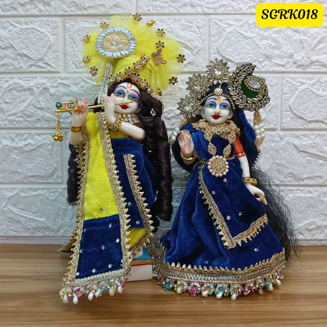 Lemon Yellow and Peacock Blue Velvet Designer Radha Krishna Outfit | SGRK018