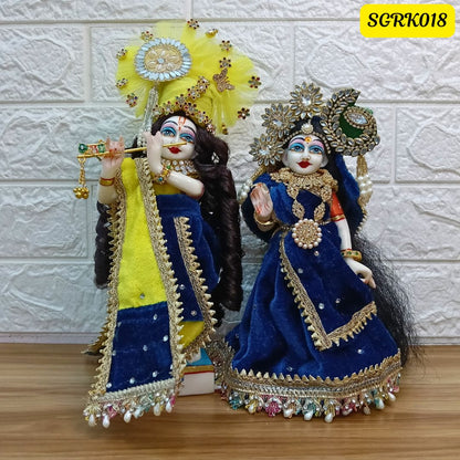 Lemon Yellow and Peacock Blue Velvet Designer Radha Krishna Outfit | SGRK018