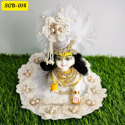 Elegant  Floral and Pearl Design White Laddu Gopal Dress with Matching Pagdi | SGB014