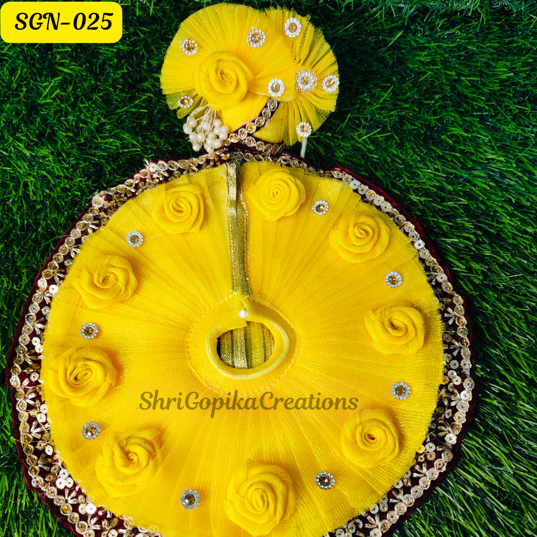 Bright Yellow Laddu Gopal Dress with Floral Design and Matching Pagdi | SGN025